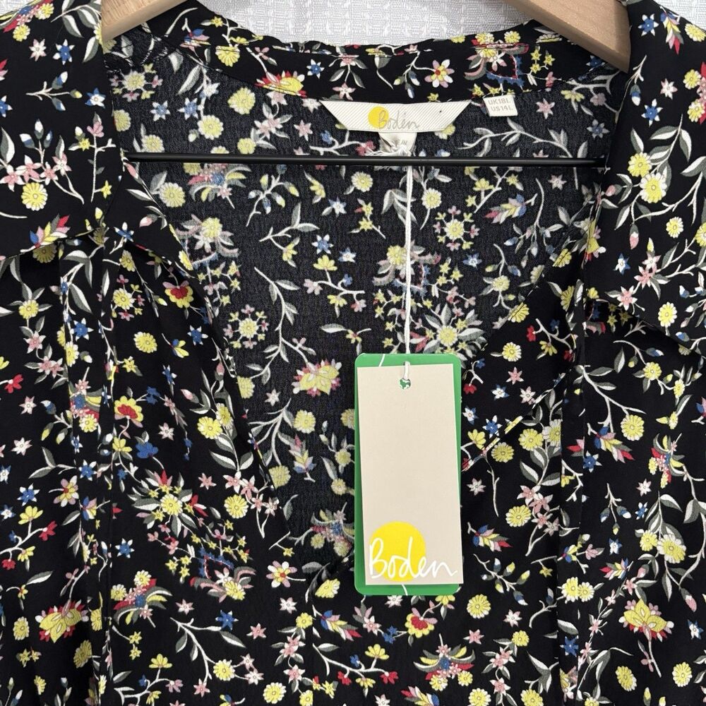 Boden Dress Womens Size 14 L Black Wildflower Paisley Floral Tie Neck Shirt NWT - Picture 4 of 9